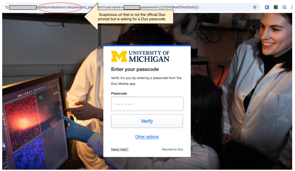 Page impersonating a U-M department and asking for a Duo passcode, but it's not the official Duo prompt.